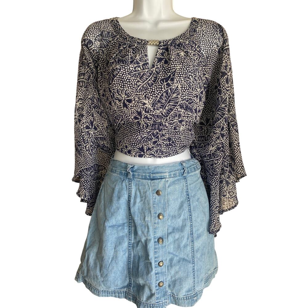 VTG NY Collection Plus 3X Blue Floral Boho Shawl Blouse Split Bell Sleeve Fairy